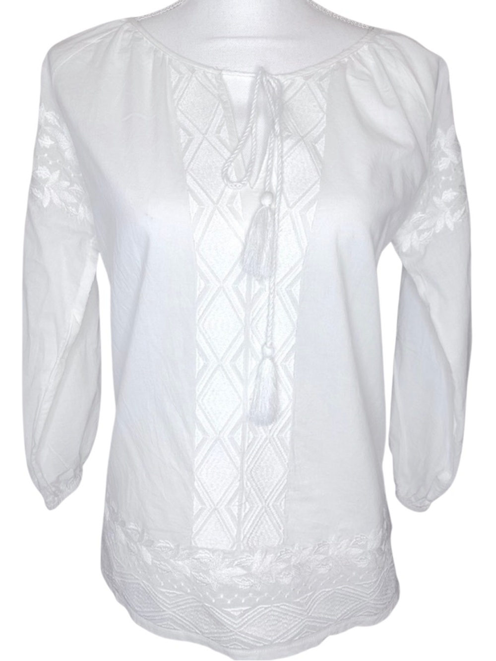 Solitaire Women Peasant Top Boho Embroidered White Long Sleeve Small 100% Cotton